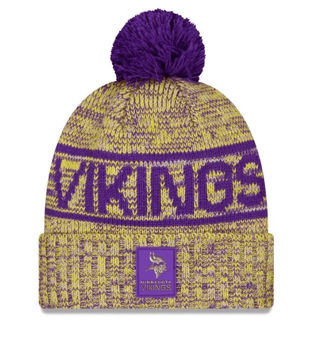 Adult Minnesota Vikings New Era 2025 Gold Sideline Cuffed Knit Hat With Pom - Men's