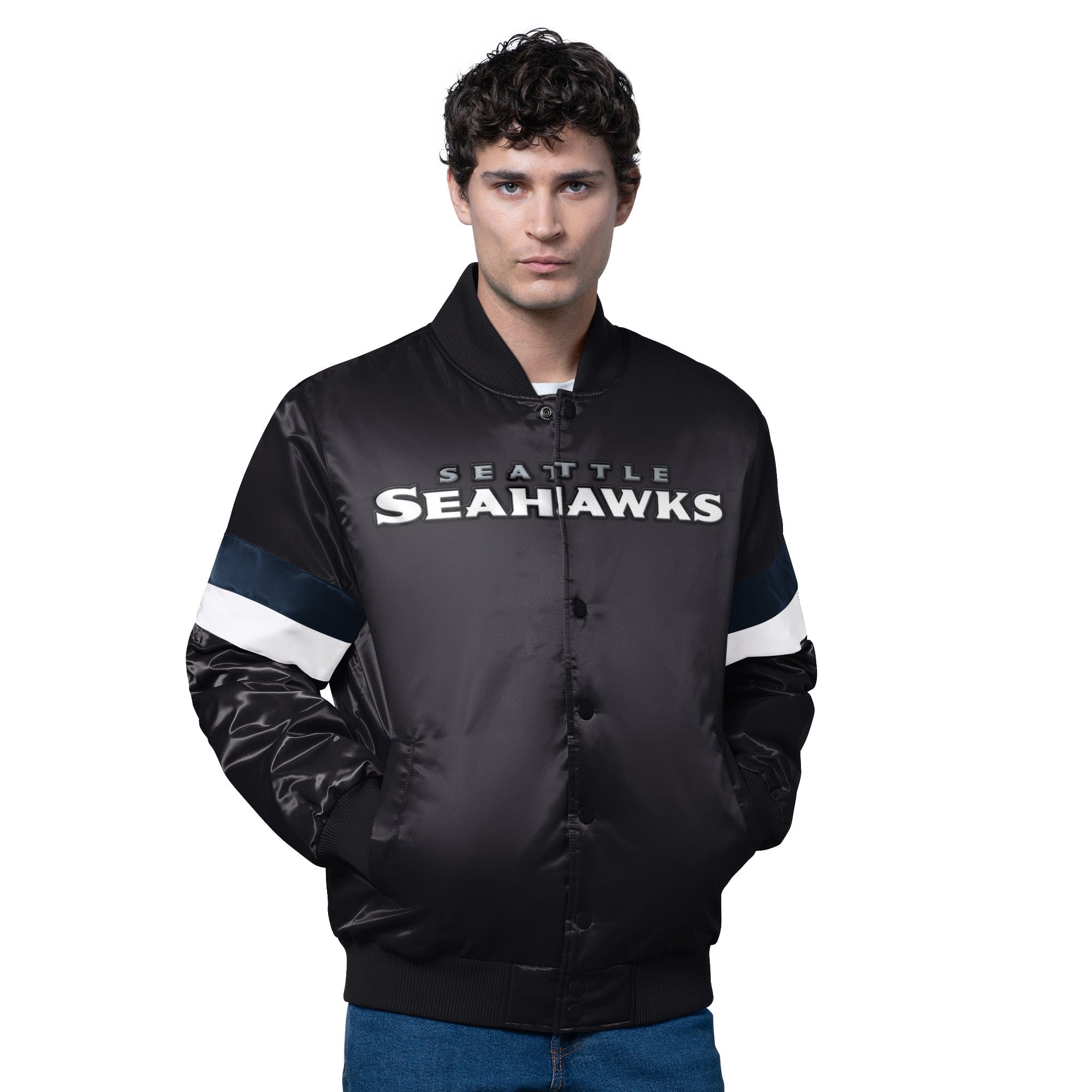 Adult Seattle Seahawks Starter Black Triple Option Varsity Satin Jacket - Men's